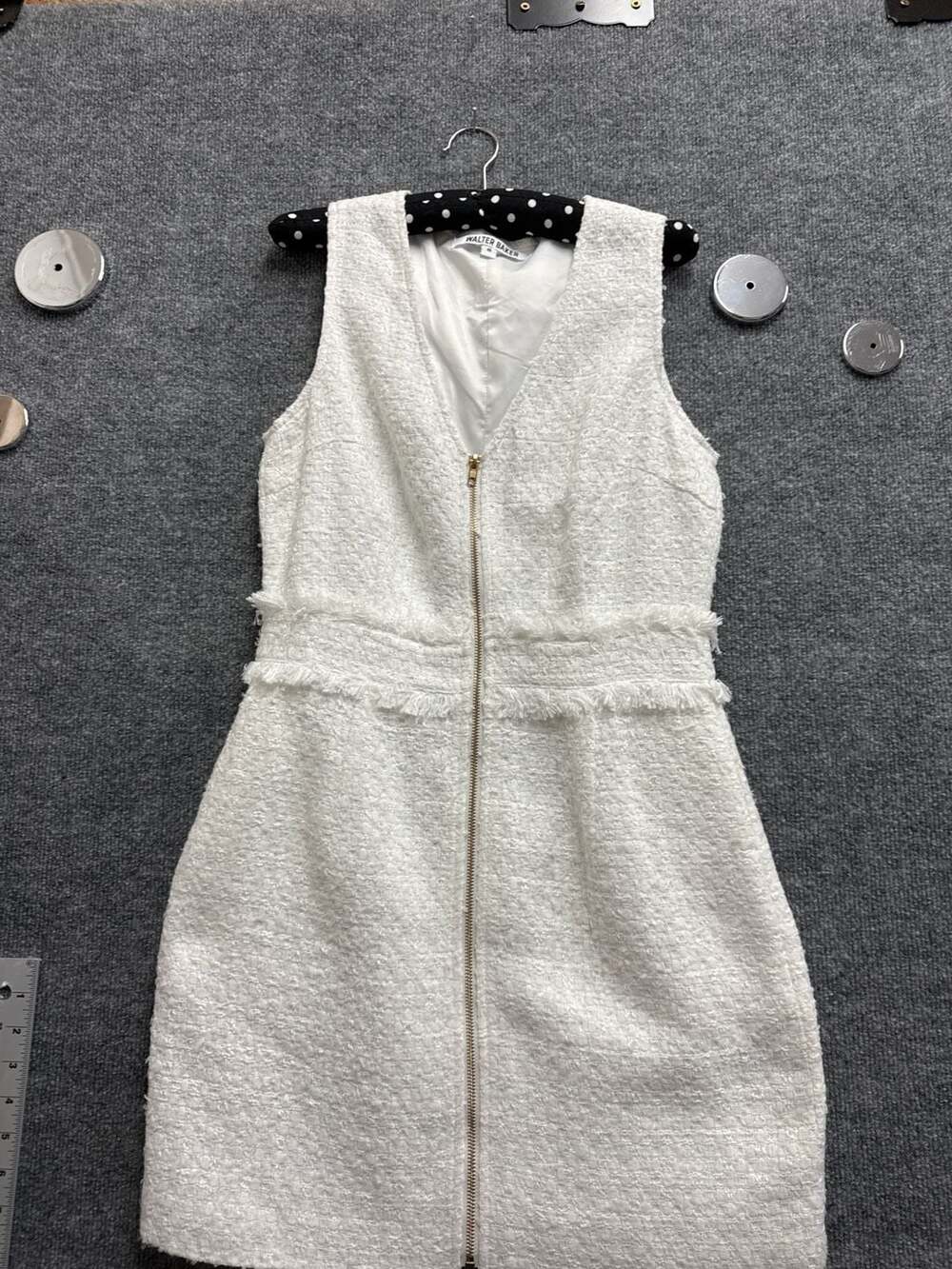 Walter Baker White Tweed Sleeveless Zip-Front Mini Dress with Fringe Detail